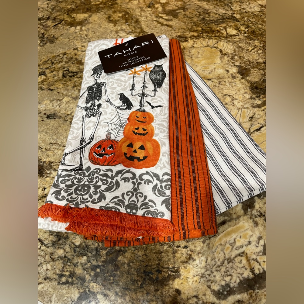 Tamari Home Kitchen Towel Trio -damask, stripes, skeletons, pumpkins NEW